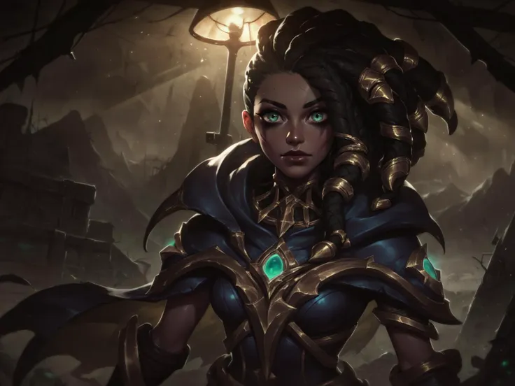 league of legends style, senna \(league of legends\), 1girl, dark-skinned female, dreadlocks, hooded cape, green eyes, solo, looking at viewer, cowboy shot, upper body, lich, necromancer, undead, brightness, light rays, lamp, wasteland, mountain, <lora:LeagueOfLegendsV4:0.8>, score_8_up, score_7_up