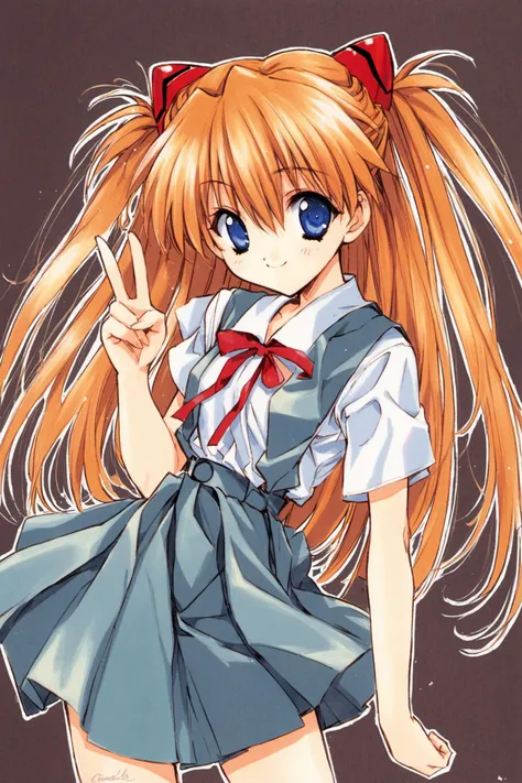 1girl,souryuu asuka langley,solo,long hair,school uniform,blue eyes,smile,white background,ribbon,shirt,simple background,orange hair,short sleeves,skirt,red ribbon,neck ribbon,white shirt,bangs,hair between eyes,looking at viewer,tokyo-3 middle school uniform,signature,closed mouth,two side up,hair ornament,suspender skirt,interface headset,suspenders,v,cowboy shot,blue skirt,traditional media,<lora:Aoi Nanase_XL:0.9>,