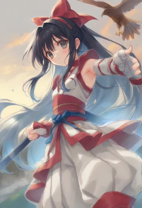 1girl,solo, long hair, bow, black hair, red bow, hair bow, gloves, fingerless gloves, weapon, sword, ainu clothes, smile, sheath, boots, black eyes, pants, sheathed, katana, grey eyes, half updo, ribbon, looking at viewer, baggy pants, very long hair, short sleeves, sash, scabbard, standing, red footwear, hair ribbon, white gloves, shoes, brown eyes, dress, white pants, blue hair, ankle boots, puffy pants, japanese clothes, short sword, gauntlets, clenched hand, detached sleeves, cosplay, white dress, sidelocks, floating hair, obi, armor, breasts, belt, bangs, skirt hold, wakizashi, gradient hair, grey hair, capri pants, multicolored hair, hairband, weapon on back, closed mouth, eyebrows visible through hair, white shorts, clothes lift, small breasts, shorts, reverse grip, red ribbon, armpit peek, arm guards, skirt, huge bow, flat chest, choker, elbow gloves, alternate costume, puffy short sleeves, hand up, light smile, kimono, blush, puffy sleeves, medium breasts, tachi-e, lips, blue eyes, overskirt, knee boots, wind, green eyes, alternate color, shirt, bridal gauntlets, large bow, hair between eyes, japanese armor, smile, fighting stance, holding weapon, holding knife, short sword, (bard, hawk:1.2), traditional media, (outdoors, forest, nature, beautiful landscape), (dynamic pose, dynamic angle, face focus, cowboy shot, close-up body:1.2), perfect features, intricate details, ray tracing, depth of field, ultra resolution image, (very aesthetic, newest, best quality, masterpiece:1.5), (Illustrate a translucent watercolor painting, with delicate washes of color, subtle blending, and an airy, dreamlike quality., sketch, outline, lineart, oekaki, tegaki, backlight:1.0), <lora:Aoi Nanase_XL:0.8>