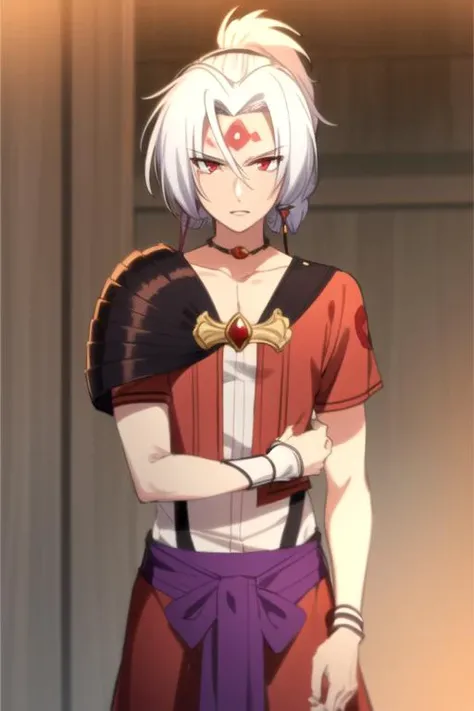 masterpiece, best quality, sketch, 1boy, solo, male focus, looking at viewer, , depth of field, ligne claire, , <lora:kannagi_arata_kangatari:0.86>, kannagi_arata_kangatari, kannagi_arata_kangatari, white hair, red eyes, , , forehead mark, teddy bear costume, grimdark, 12k resolution