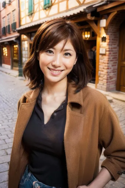masterpiece,beautiful,extremely detailed,(ultra high res),(8k UHD best quality), (realistic, photo-realistic:1.37), depth_of,field, blurry_background, photo_inset,,reference_inset,photo_background,brown_eyes,photorealistic,looking_at_viewer,1girl,Half-smile,shiny skin,detailed skin,(((full body))),(((brown coat))),Charming European cobblestone streets in a historic town,yuma<lora:yuma asami:1>