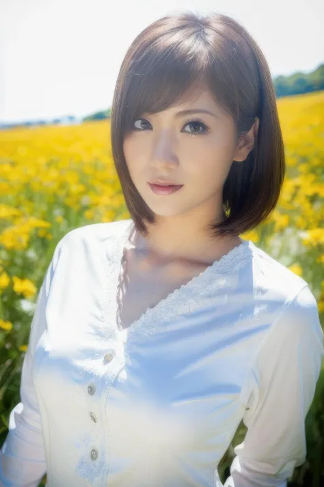 masterpiece,beautiful,extremely detailed,(ultra high res),(8k UHD best quality), (realistic, photo-realistic:1.37), depth_of,field, blurry_background, photo_inset,Dramatic lighting,reference_inset,photo_background,black eyes,photorealistic,looking_at_viewer,1girl,shiny skin,detailed skin,(((upper body))),(((White blouse))),Enchanting meadow with wildflowers,yuma <lora:yuma asami:1>