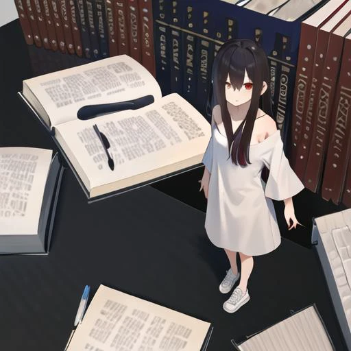 ((masterpiece)),(best quality), absurdres,sadako_yamamura,red eyes,white dress,<lora:Sadakobest:0.5>,    <lora:onTheDesk_v10:0.8>,((on the desk)),1girl,solo, ,standing,looking at viewer