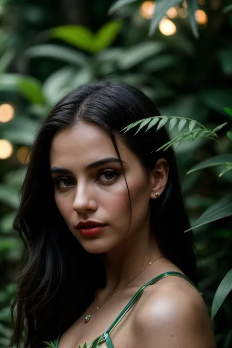 photo of fit (Wild-Cats-Island_Naby:0.99), a beautiful woman, perfect hair, (modern photo), armor, portrait, 85mm, (analog, cinematic, film grain:1.3), (Bioluminescent Jungle, Dense jungle of glowing plants and creatures.), detailed eyes, seductive pose, painted lips, (epiCPhoto), (looking at viewer:1.1), jewelry, (cinematic shot:1.3), (natural lighting, lit from above), <lora:add_detail:0.5>