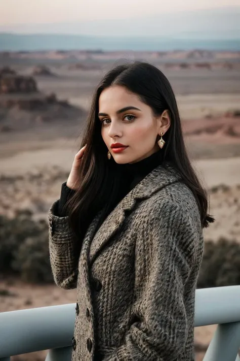 photo of fit (Wild-Cats-Island_Naby:0.99), black hair, a beautiful woman, perfect hair, (modern photo), Wool-blend coat in a plaid pattern with a tailored and polished look, portrait, 85mm, (analog, cinematic, film grain:1.3), (Mars Tourism Resort, Luxurious resort offering Martian landscape views and space-themed activities.), detailed eyes, seductive pose, painted lips, (epiCPhoto), (looking at viewer:1.1), jewelry, (cinematic shot:1.3), (natural lighting, lit from above), <lora:add_detail:0.5>