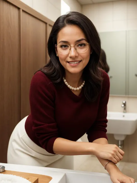Wild-Cats-Island_Naby, teacher wearing a warm maroon cashmere sweater, plaid skirt, ankle boots, reading glasses,classic pearl necklace, soft lipstick, public Toilet, Simple, utilitarian design with linoleum flooring, stainless steel partitions between stalls, basic white porcelain toilets, wall-mounted soap dispensers, paper towel holders , perfect teeth, by Steve McCurry, 35mm, F/2.8, ((Photo Focus, DOF, Aperture, insanely detailed and intricate, hypermaximalist, beautiful, revealing, appealing, attractive, hyper realistic, super detailed)), <lora:sd_v15_dpo_lora_v1:0.8>