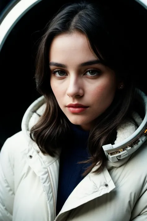 photo of fit (Wild-Cats-Island_Naby:0.99), a beautiful woman, perfect hair, (modern photo), winter coat, portrait, 85mm, (analog, cinematic, film grain:1.3), (Galactic Observatory, Space observatory studying distant galaxies, black holes, and cosmic phenomena.), detailed eyes, seductive pose, painted lips, (epiCPhoto), (looking at viewer:1.1), jewelry, (cinematic shot:1.3), (natural lighting, lit from above), <lora:add_detail:0.5>