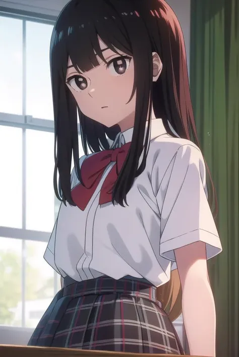 anzuhanashiro, <lyco:anzuhanashiro-lyco-nochekaiser:1>,
anzu hanashiro, long hair, bangs, black hair, sidelocks, blunt bangs, (black eyes:1.5),
BREAK skirt, shirt, bow, school uniform, white shirt, short sleeves, collared shirt, blunt bangs, bowtie, brown skirt, red bow, plaid, plaid skirt, red bowtie,
BREAK looking at viewer,
BREAK indoors, classroom,
BREAK <lora:GoodHands-vanilla:1>, (masterpiece:1.2), best quality, high resolution, unity 8k wallpaper, (illustration:0.8), (beautiful detailed eyes:1.6), extremely detailed face, perfect lighting, extremely detailed CG, (perfect hands, perfect anatomy),