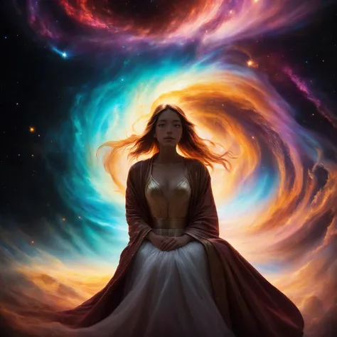 woman standing in nebula, looking at the viewers of her spaceship. she is a beautiful woman with long blonde hair and green eyes wearing a flowing robe sitting on top of the saturn earth by ilya kuvshinov and greg rutkowski trending on artstation, unreal engine 5 highly rendered, global illumination, radiant light, detailed and intricate environment, digital art , art by Akihito Tsukushi  <lora:nebula_LyCORIS:0.8>, RAW candid cinema, 16mm, color graded portra 400 film, remarkable color, ultra realistic, textured skin, remarkable detailed pupils, realistic dull skin noise, visible skin detail, skin fuzz, dry skin, shot with cinematic camera