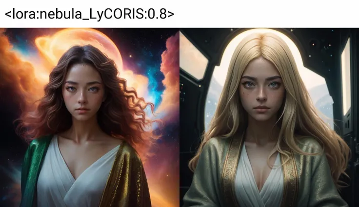 woman standing in nebula, looking at the viewers of her spaceship. she is a beautiful woman with long blonde hair and green eyes wearing a flowing robe sitting on top of the saturn earth by ilya kuvshinov and greg rutkowski trending on artstation, unreal engine 5 highly rendered, global illumination, radiant light, detailed and intricate environment, digital art , art by Akihito Tsukushi <lora:nebula_LyCORIS:0.8>, RAW candid cinema, 16mm, color graded portra 400 film, remarkable color, ultra realistic, textured skin, remarkable detailed pupils, realistic dull skin noise, visible skin detail, skin fuzz, dry skin, shot with cinematic camera