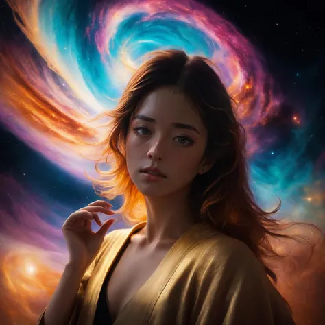 woman standing in nebula, looking at the viewers of her spaceship. she is a beautiful woman with long blonde hair and green eyes wearing a flowing robe sitting on top of the saturn earth by ilya kuvshinov and greg rutkowski trending on artstation, unreal engine 5 highly rendered, global illumination, radiant light, detailed and intricate environment, digital art , art by Akihito Tsukushi  <lora:nebula_LyCORIS:0.8>, RAW candid cinema, 16mm, color graded portra 400 film, remarkable color, ultra realistic, textured skin, remarkable detailed pupils, realistic dull skin noise, visible skin detail, skin fuzz, dry skin, shot with cinematic camera