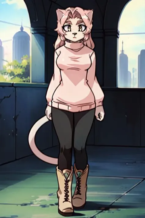 SDElmaGXP, 1girl, (upper body, cat tail), (pink sweater, black leggings, boots), (best quality, 4k, 2k, (intricate:1.1), (high detail:1.2)), <lora:Elma-24:1>