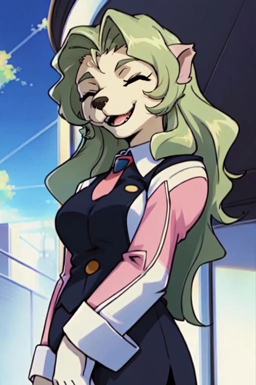 SDElmaGXP, 1girl, ^ ^, closed eyes, collared shirt, colored skin, face, green hair, long hair, meme, necktie, open mouth, parody, smile, solo, style parody, teeth, solo, long hair, smile, open mouth, 1boy, closed eyes, male focus, green hair, necktie, teeth, parody, formal, furry female, front view, uniform, (best quality, 4k, 2k, (intricate:1.1), (high detail:1.2)), <lora:Elma-24:1>