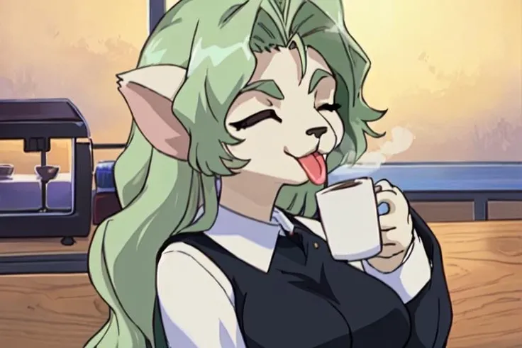 SDElmaGXP, 1girl, :p, cup, solo, long hair, one eye closed, green hair, tongue, tongue out, cup, holding cup, mug, hot coffee, steam, 3/4 view, (best quality, ultra realistic, 4k, 2k, (intricate:1.1), (high detail:1.2)), <lora:Elma-24:1>