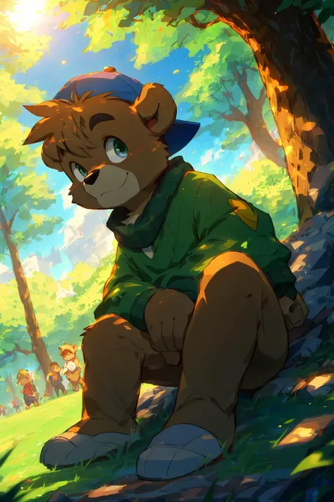 (((AS-YoungestV2 Positive prompt at strength of 1.0 to 1.3. Toddler or Baby:1))), masterpiece,best quality,detailed background,hi res, on e621,
(by canyne khai),by rossciaco,by takemoto arashi,
outside,park,day,sunlight,bright,shining,shine,glowing particles,grass,plants
(((Ursid, bear:1.6, (kitcloudkicker:1.5), dark-brown fur))), (((cub, young, small body:1.6, Child:1.6)))
(dark-brown fur, dark-brown body,dark-brown hair,short hair,spiky hair,brown eyebrows:1.3),looking at viewer,smug,smirk,
detailed eyes,beautiful green eyes,humanoid hands,5 finger,
((green sweater, blue cap,bare-bottomed,bare legs)),
<lora:Light and Shadow:0.8>, <lora:epiNoiseoffset_v2-pynoise:1>, <lora:Depth:0.3>, <lora:MoreDetails:0.2>, <lora:BeautifulAnimeEyes:0.9>, <lora:KitCloudkicker, Green Sweater, Blue Cap:0.7>