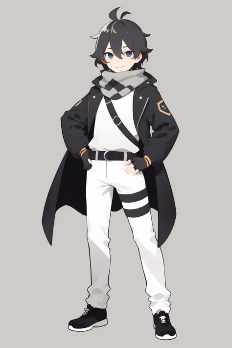 <lora:depth02:1>, 1boy, male focus, solo, virtual youtuber, black hair, blue eyes, pants, gloves, full body, fingerless gloves, black footwear, white background, black gloves, black pants, scarf, looking at viewer, hand on hip, simple background, shirt, smile, standing, short hair, hair between eyes, long sleeves, jacket, belt, closed mouth, thigh strap, black jacket, bangs