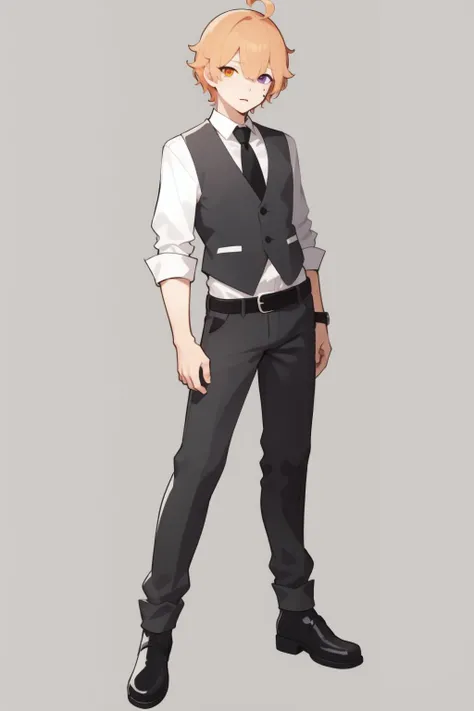<lora:depth02:1>, virtual youtuber, 1boy, male focus, solo, orange hair, full body, mole under eye, black vest, shirt, vest, sleeves rolled up, mole, pants, heterochromia, looking at viewer, orange eyes, collared shirt, belt, purple eyes, white background, necktie, standing, ribbon, grey shirt, black pants, simple background, short hair, black footwear, neck ribbon, buttons, multicolored hair, buckle, belt buckle, ahoge, straight-on, bangs, shoes