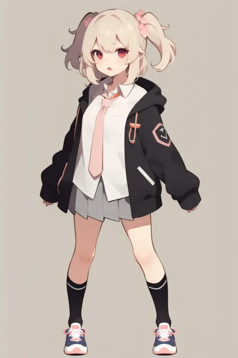 <lora:depth02:1>, 1girl, solo, skirt, full body, virtual youtuber, socks, necktie, jacket, blonde hair, scrunchie, shoes, hair ornament, white background, shirt, looking at viewer, white socks, school uniform, grey skirt, hood, kneehighs, blue necktie, simple background, pleated skirt, hair flower, flower, white shirt, collared shirt, sneakers, bangs, black jacket, standing, open clothes, one side up, plaid, pink eyes, plaid skirt, wrist scrunchie, red eyes, open jacket, closed mouth