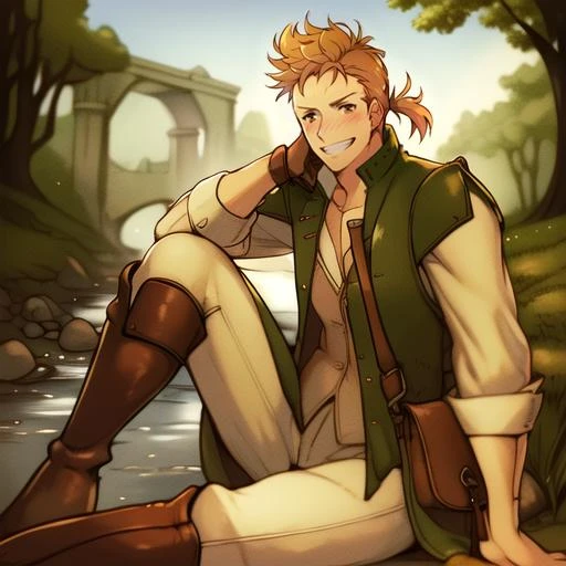 solo, masterpiece, <lora:Alfyn:1> alfyn, man, 1boy, green sleeveless jacket, ponytail, messy hair, white sleeves, vest, winking, boots, leather boots, brown eyes, white pants, dirty blond hair, shoulder bag, satchel, sitting, sitting by a river, stream, relaxed, smiling, happy, looking at viewer, blushing, leaning on hand