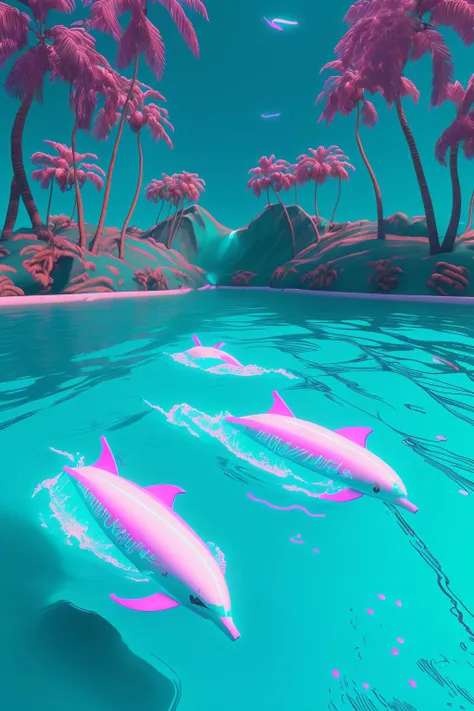 two dolphins are swimming in the ocean , vaporwave, c4d , unreal engine 5 ,
