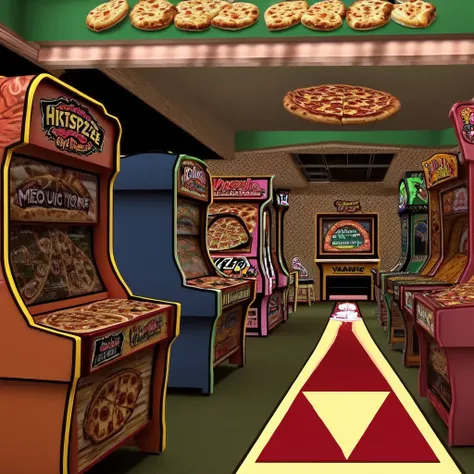 Inside a busy 80s style arcade, pizza and buffet in the middle, manny people.<lora:VaporWave_Style:0.8>