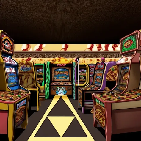 Inside a busy 80s style arcade, pizza and buffet in the middle, manny people.<lora:VaporWave_Style:0.8>