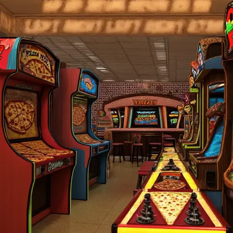 Inside a busy 80s style arcade, pizza and buffet in the middle, manny people.<lora:VaporWave_Style:0.8>