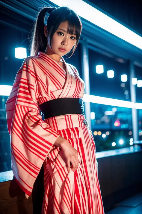 1girl, YuraS, half length, (masterpiece), best quality, ultra high res, beautiful clean face, wearing kimono, glowing light, night time view, cyberpunk style, neon lights, <lora:YuraSakuraLora_v25:1>
