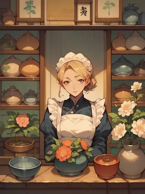 score_9,score_8_up,score_7_up,score_6_up,source_anime,1girl,<lora:nostalgic_east_1.1:1>,flower,maid,blonde hair,shelf,pots,