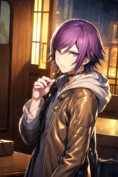 masterpiece, best quality, wallpaper, 1boy, solo, male focus, looking at viewer, upper body, depth of field, <lora:courier_akudama_drive:0.74>, courier_akudama_drive, purple hair, purple eyes, hoodie, , A fairytale land where magical creatures live and thrive, High resolution
