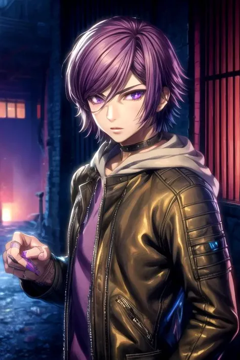 masterpiece, best quality, game cg, 1boy, solo, male focus, looking at viewer, , depth of field, <lora:courier_akudama_drive:0.76>, courier_akudama_drive, purple hair, purple eyes, , , ,