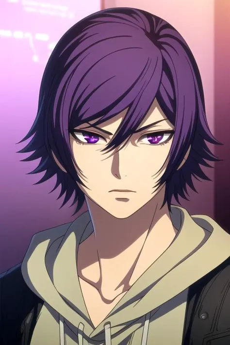 masterpiece, best quality, game cg, 1boy, solo, male focus, looking at viewer, upper body, depth of field, <lora:courier_akudama_drive:0.76>, courier_akudama_drive, purple hair, purple eyes