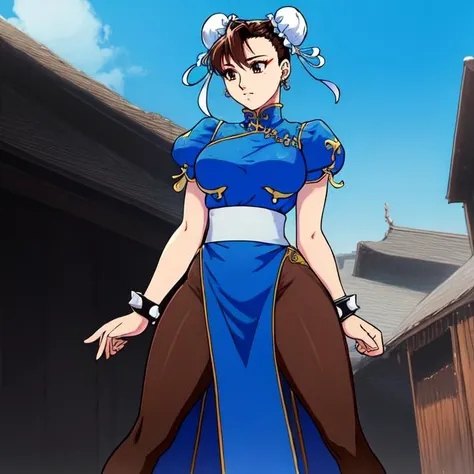 <lora:chunliStr07-09:0.9> chunli_v2, 1girl, blue dress, bracelet, breasts, brown eyes, brown hair, brown legwear, bun cover, china dress, chinese clothes, double bun, dress, earrings, jewelry, pantyhose, pelvic curtain, puffy short sleeves, sash, spiked bracelet, spikes, highres, Digital art, trending on artstation, best quality, insanely detailed, masterpiece, stunning environment, wide-angle,