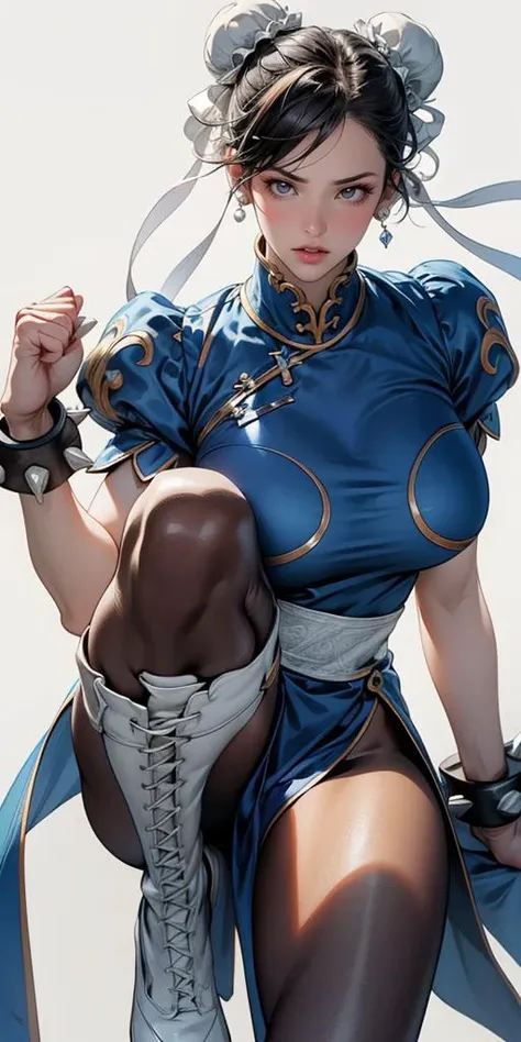 solo, best quality, master piece, extremely detailed CG, extremely detailed face, 4K, NSFW, gore, violence, Chun-Li, hair buns, covered buns, chinese dress, qipao, blue outfit, spiked bracelets, puffy sleeves, brown pantyhose, white belt, white boots, 42yo, mature, spent, abused, ((wooden horse crotch rub:1)), swollen her cheek and forehead, bitting wound on  face, beaten up, bumped, wounds on body and face, bruise, (wounds on body and face:1), blood splattered face, beaten face, (((swollen nose and cheek:1.1))), ((bruised on face:1.2)), (((eye swollen almost shut:1.5))), bitting wound on skin, torn clothes, drooling, vomit, (feel exhausted after torture), teardrop, sweatdrop, torture, shibari, rope, arms behind waist,