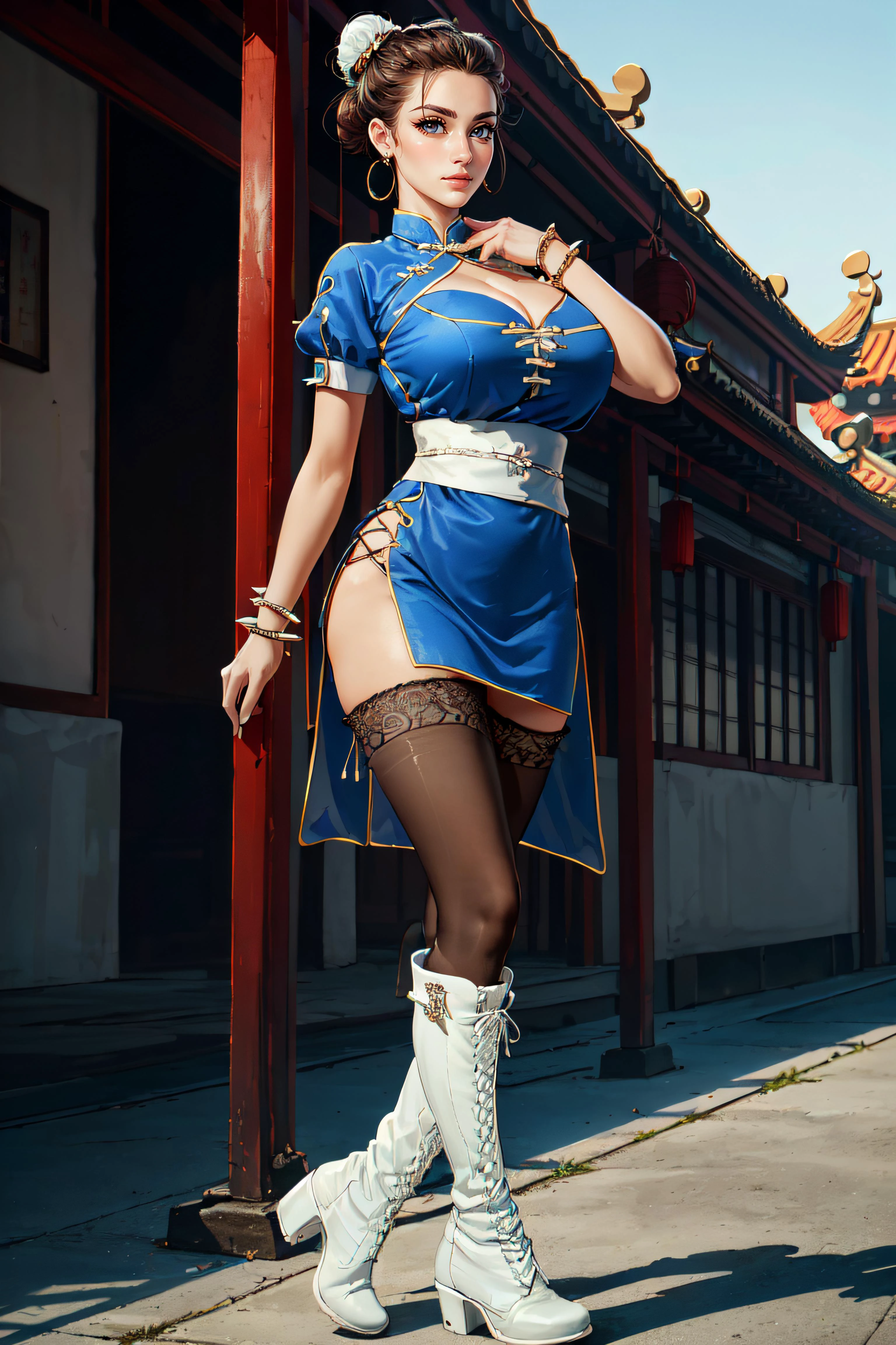 (masterpiece, best quality, ultra detailed, absurdres:1.5), 1girl, (sexy, beautiful woman, perfect face, perfect eyes, perfect female body, large breasts:1.5), (blue dress, boots, bracelet, brown hair, brown legwear, bun cover, china dress, chinese clothes, cross-laced footwear, double bun, dress, earrings, fighting stance, full body, jewelry, knee boots, lace-up boots, pantyhose, pelvic curtain, puffy short sleeves, sash, solo, spiked bracelet, spikes, standing, white footwear, <lora:CHUNLI_V2:0.75>), (standing, outdoors, Chinese city), perfect lighting, smooth, hdr