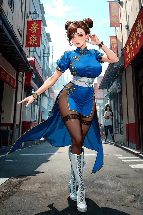 (masterpiece, best quality, ultra detailed, absurdres:1.5), 1girl, (sexy, beautiful woman, perfect face, perfect eyes, perfect female body, large breasts:1.5), (blue dress, boots, bracelet, brown hair, brown legwear, bun cover, china dress, chinese clothes, cross-laced footwear, double bun, dress, earrings, fighting stance, full body, jewelry, knee boots, lace-up boots, pantyhose, pelvic curtain, puffy short sleeves, sash, solo, spiked bracelet, spikes, standing, white footwear, <lora:CHUNLI_V2:0.75>), (standing, outdoors, Chinese city), perfect lighting, smooth, hdr