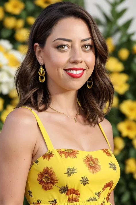 Best quality, masterpiece, ultra high res, (photorealistic:1.4), AubreyPlaza, (brown eyes:1.2), smiling, red lipstick, wearing yellow floral print dress, background pagoda, <lora:AubreyPlaza:1>