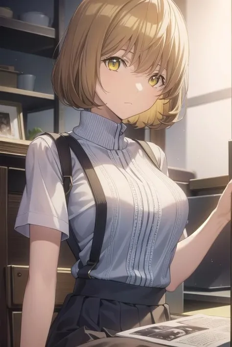 Masterpiece, 1girl, solo, female, blonde hair, white shirt, black skirt, black vests, short hair, brown eyes, perfect body, cowboy shot's, standing, perfect arms, perfect leg