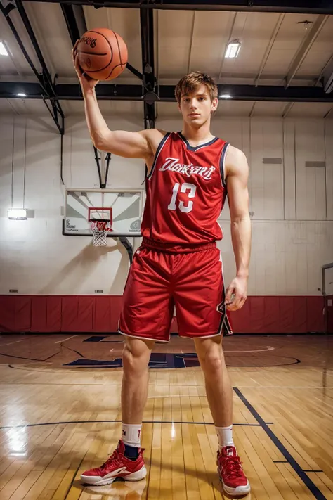 basketball gym, high ceiling, twinkBrent, BrentCorrigan is a basketballplayer, basketball uniform, (red jersey:1.3), (red shorts), socks, black sneakers, (((full body portrait))), wide angle <lora:Clothing - Sexy Basketball Player:0.65> <lora:BrentCorrigan:0.75>