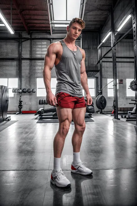 warehouse gym with high ceiling, standing in front of weight machine, BrentCorrigan, wearing red tank top, gray shorts, white socks, sneakers, (((full body portrait))), wide angle <lora:BrentCorrigan:0.75> <lora:Clothing - Sexy Personal Trainer:0.65>