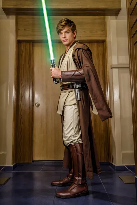 Training room inside Jedi temple, BrentCorrigan, (twinkBrent) is a padawan, jedi apprentice, in jedioutfit, holding green lightsaber, dynamic pose, (((full body portrait))), wide angle <lora:BrentCorrigan:0.7>  <lora:jedioutfit:0.8>