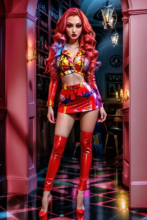 super realistic image, NVIDIA RTX, super resolution, unreal 5, Subsoil Dispersion, pbr texturing, Post-processing, maximum clarity and sharpness, Multi-layer textures, of (A very beautiful young woman, Incandescent), ((Tall model)), thin, (((slim body))), Blue eyes, (((long, voluminous bright red, red hair, a rose in her hair))), (((Light skin with glitter, shiny earrings, intricate details))), ((half-length image), (High quality, ultra-realistic scene, 8K RAW High Definition)