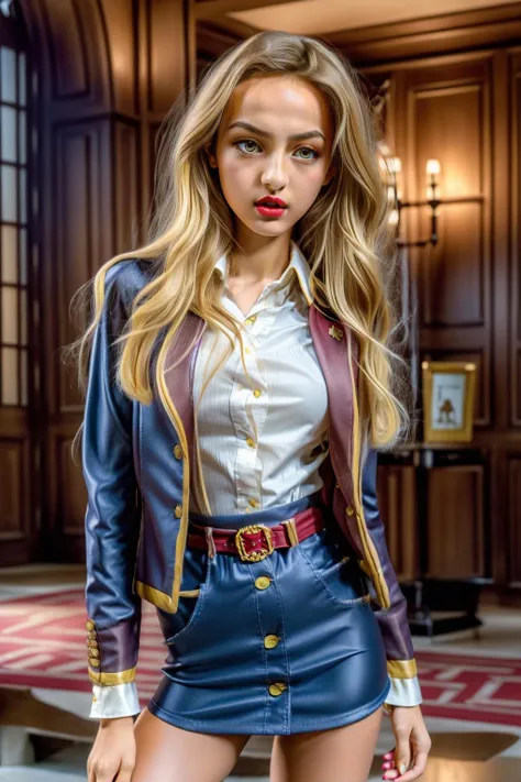 masterpiece,best quality,dslr photo,a photo of k1k1,dressed as Hermione Granger,blonde hair,wild hair,(makeup, lipstick, eyeshadow:1.2),large breasts,solo,<lora:k1k1_W_lora_v002-000003:0.7>,full body shot,hogwarts scenery,cinematic lighting,volumetric lights