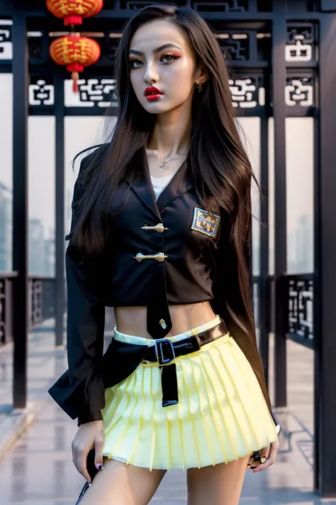 8k, masterpiece, best quality, realistic, higly detailed, cowboy shot, 1girl, solo, Ichika Nakano, young girl, very long hair with two short strand on the left side, black-green hair, two earrings, light yellow eyes, average height, well-endowed figure, small breasts, cute, school uniform, thick jacket tied to his waist, top, handbag
