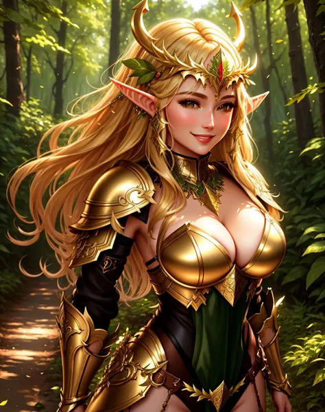 4K, Masterpiece, highres, absurdres, smiling,beautiful BikiniElfGirl, golden hair, forest background, War_Glam, a woman in body armor with leaves,armored, wearing War_Glam, elven jewelry, helmet,<lora:ElfWarriors:0.7>