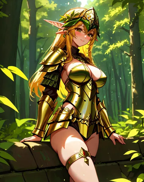 4K, Masterpiece, highres, absurdres, smiling,beautiful BikiniElfGirl, golden hair, forest background, War_Glam, a woman in body armor with leaves,armored, wearing War_Glam, elven jewelry, helmet,<lora:ElfWarriors:0.7>