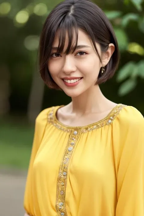 1girl,(wearing a yellow blouse:1.2),(RAW photo, best quality), (realistic, photo-realistic:1.4), masterpiece, an extremely delicate and beautiful, extremely detailed, 2k wallpaper, Amazing, finely detail, extremely detailed CG unity 8k wallpaper, ultra-detailed, highres, soft light, beautiful detailed girl, extremely detailed eyes and face, beautiful detailed nose, beautiful detailed eyes,cinematic lighting,(city lights at night),perfect anatomy,slender body,(smiling),(short hair) <lora:kanekoyuuki_lora:0.7>