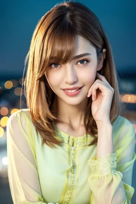 1girl,(wearing a pastel yellow long sleeved blouse:1.2),(RAW photo, best quality), (realistic, photo-realistic:1.4), masterpiece, an extremely delicate and beautiful, extremely detailed, 2k wallpaper, Amazing, finely detail, extremely detailed CG unity 8k wallpaper, ultra-detailed, highres, soft light, beautiful detailed girl, extremely detailed eyes and face, beautiful detailed nose, beautiful detailed eyes,cinematic lighting,(city lights at night),perfect anatomy,slender body,(smiling),<lora:kanekoyuuki_lora:0.8>