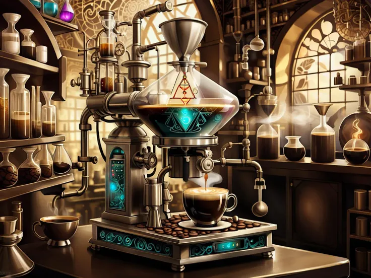 <lora:MagicAI:.7> AlchemyPunkAI coffee machine , Highly detailed, fantasy setting, intricate detailed background