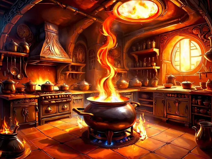 <lora:MagicAI:.9> FireMagicAI kitchen , Highly detailed, sci fi fantasy setting, intricate detailed background